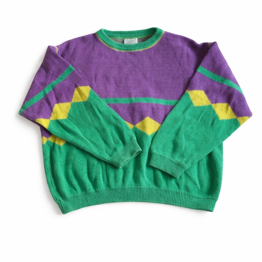 Vintage Benetton 100% cotton geometric knit sweater medium 80s 90s boxy cropped